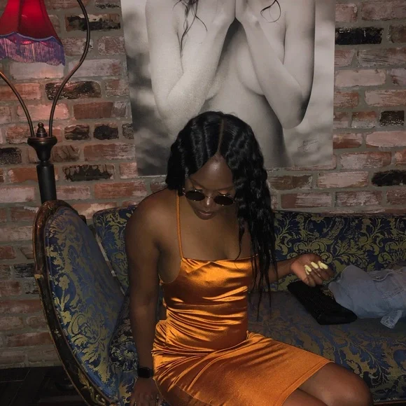 rust gold color dress AKIRA Classy But Sassy Rhinestone Midi Dress In Rust main image 0